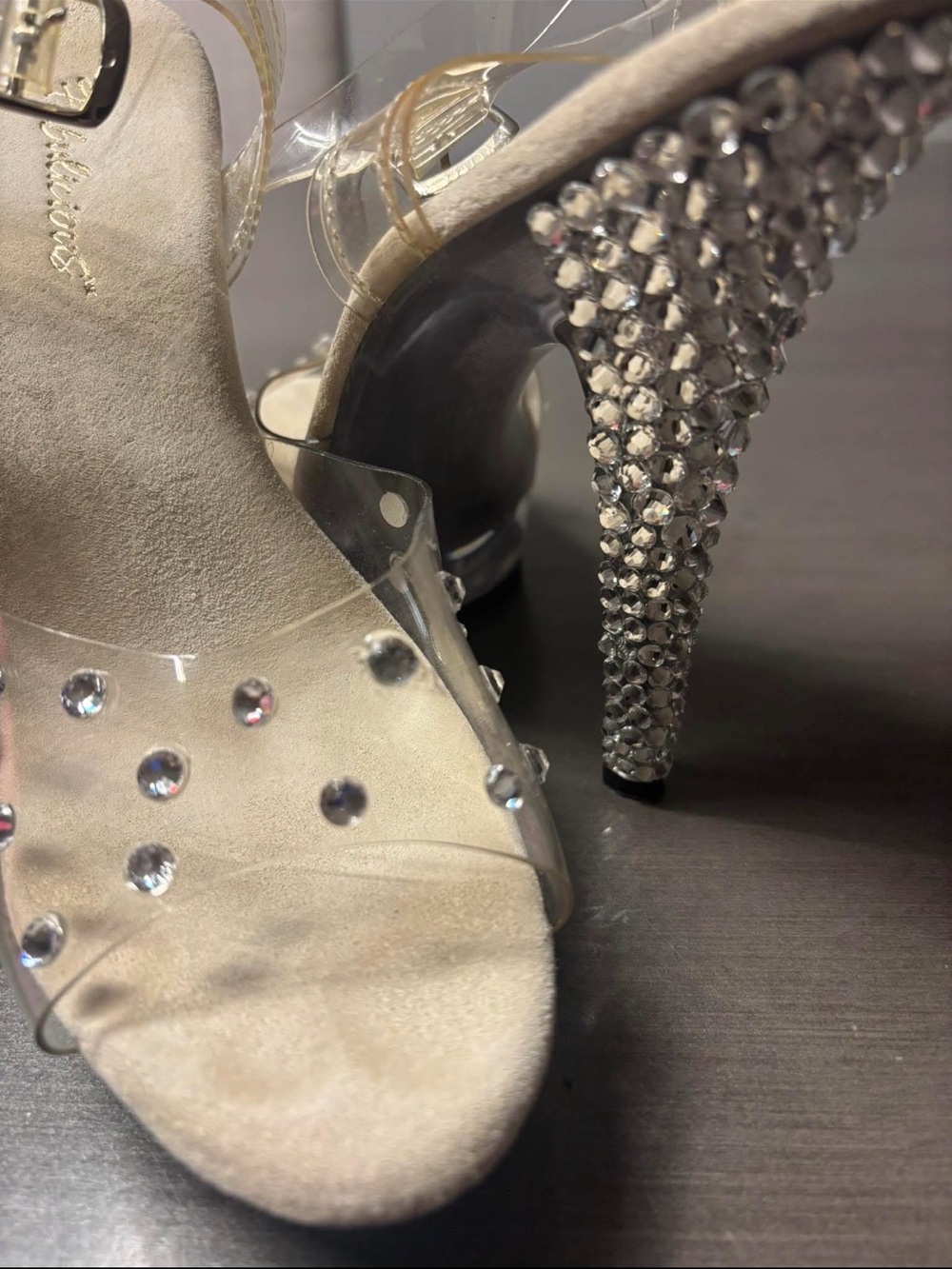 Crystal-Embellished Clear Competition Heels in Silver